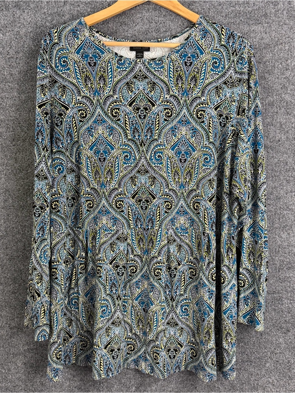 J Jill Womens 2X Wearever Boho Paisley Top Blue Green Long Sleeve Stretch Flowy